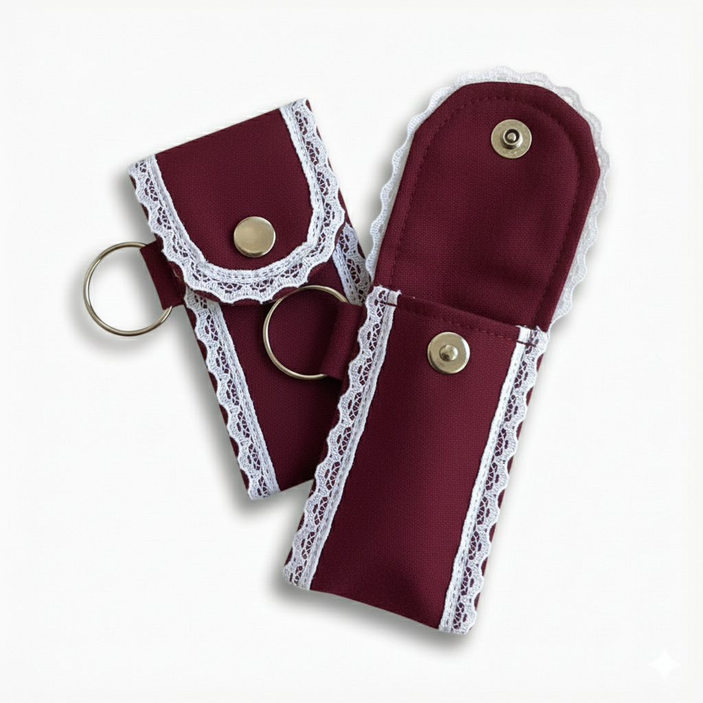 Burgundy Lip Balm Holder Keychain – Mini Lip Gloss Pouch with Snap Button, White Lace Trim & Metal Ring, Travel-Friendly Chapstick Case for Purse, Backpack or Keys