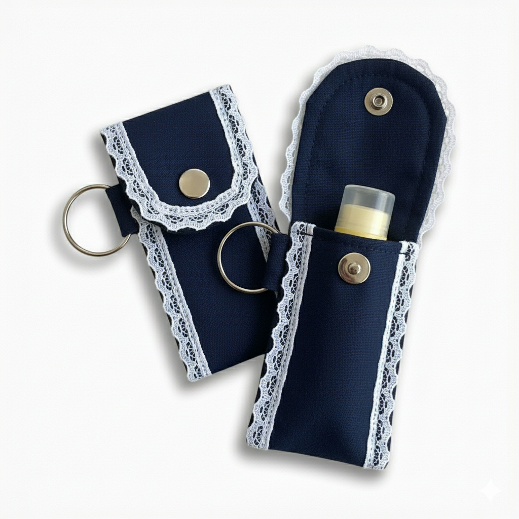 Navy Fabric Lip Balm Holder Keychain – Mini Lip Gloss Pouch with Snap Button Closure & White Lace Trim, Travel-Friendly Chapstick Case for Purse, Backpack or Keys