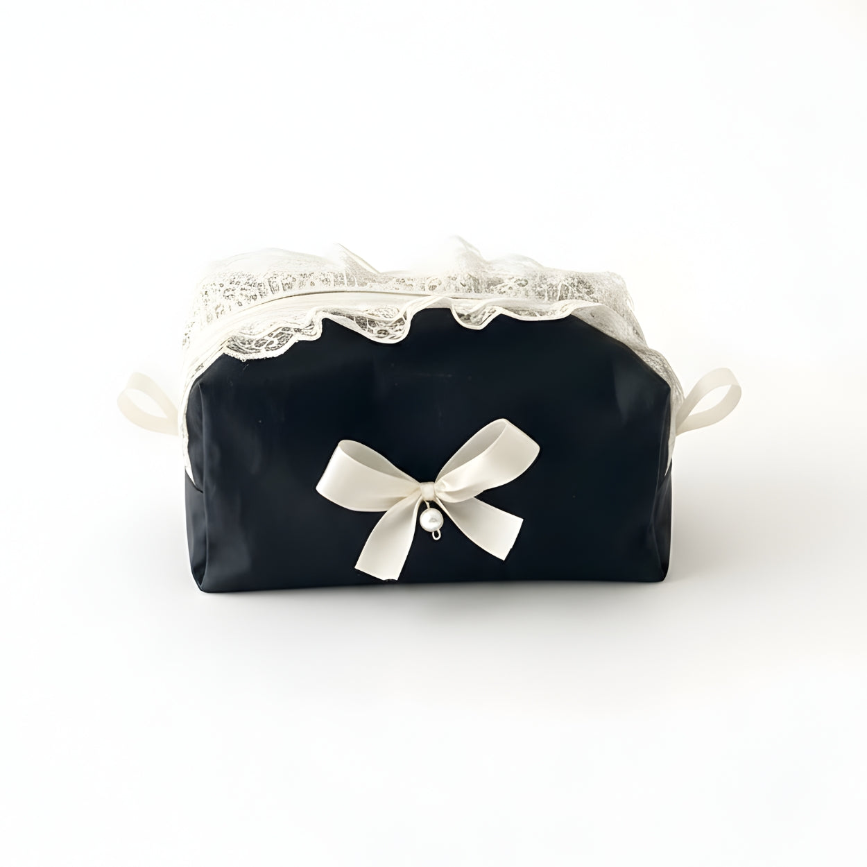Elegant Black Lace Cosmetic Pouch with Pearl Bow Accent Organizer