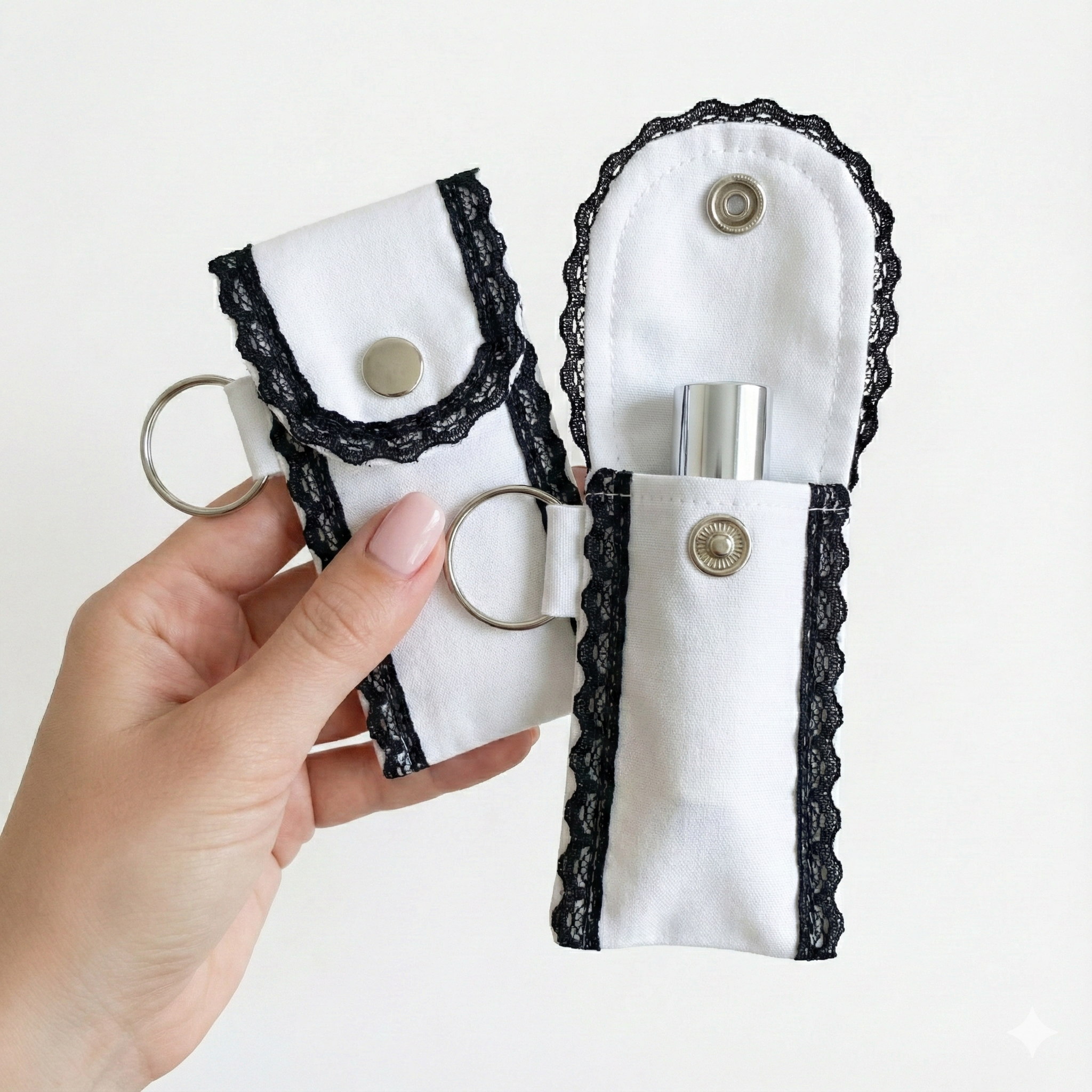 White Lip Balm Holder Keychain – Mini Lip Gloss & Perfume Stick Pouch with Black Lace Trim, Metal Snap Closure & Keyring for Purse, Backpack or Keys