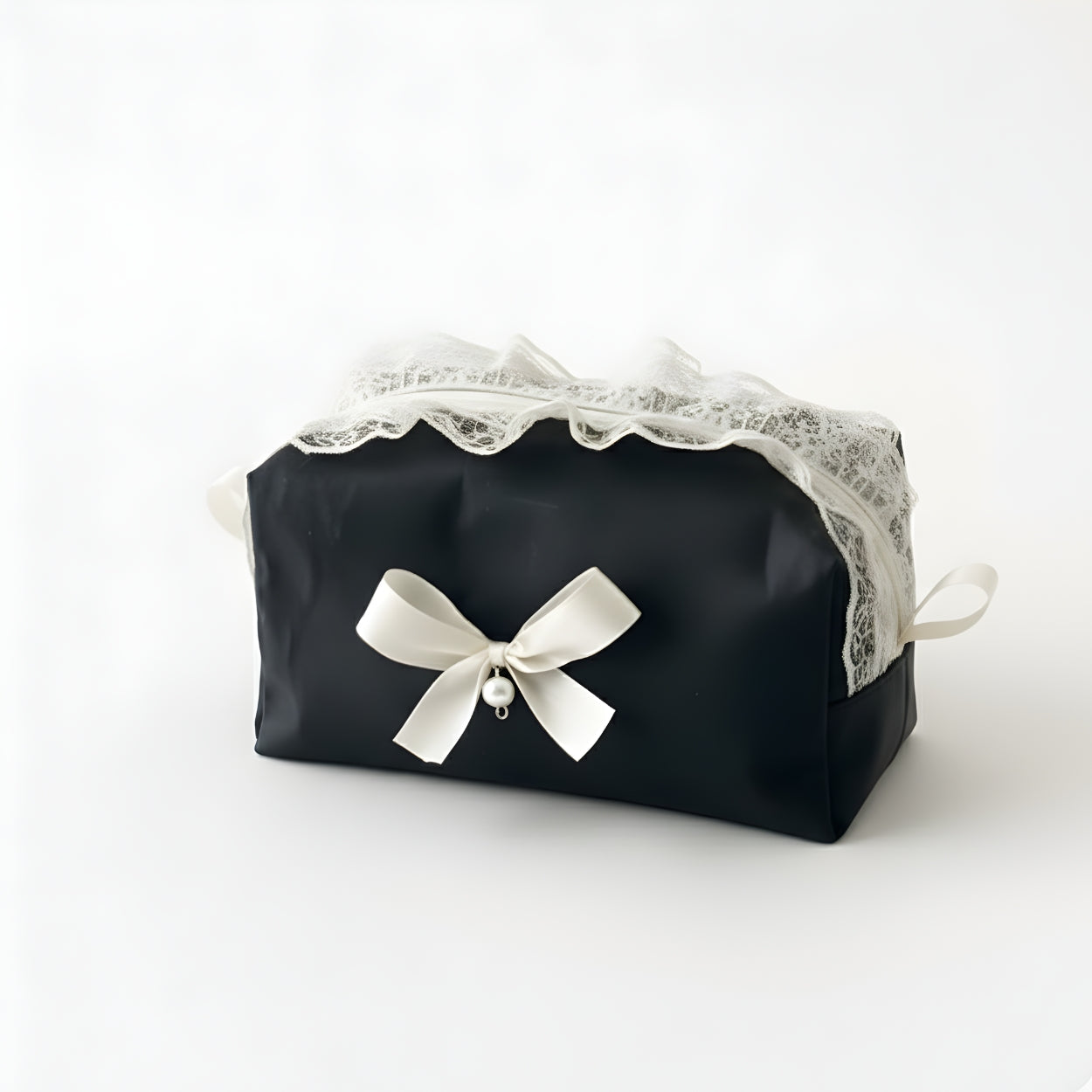 Elegant Black Lace Cosmetic Pouch with Pearl Bow Accent Organizer