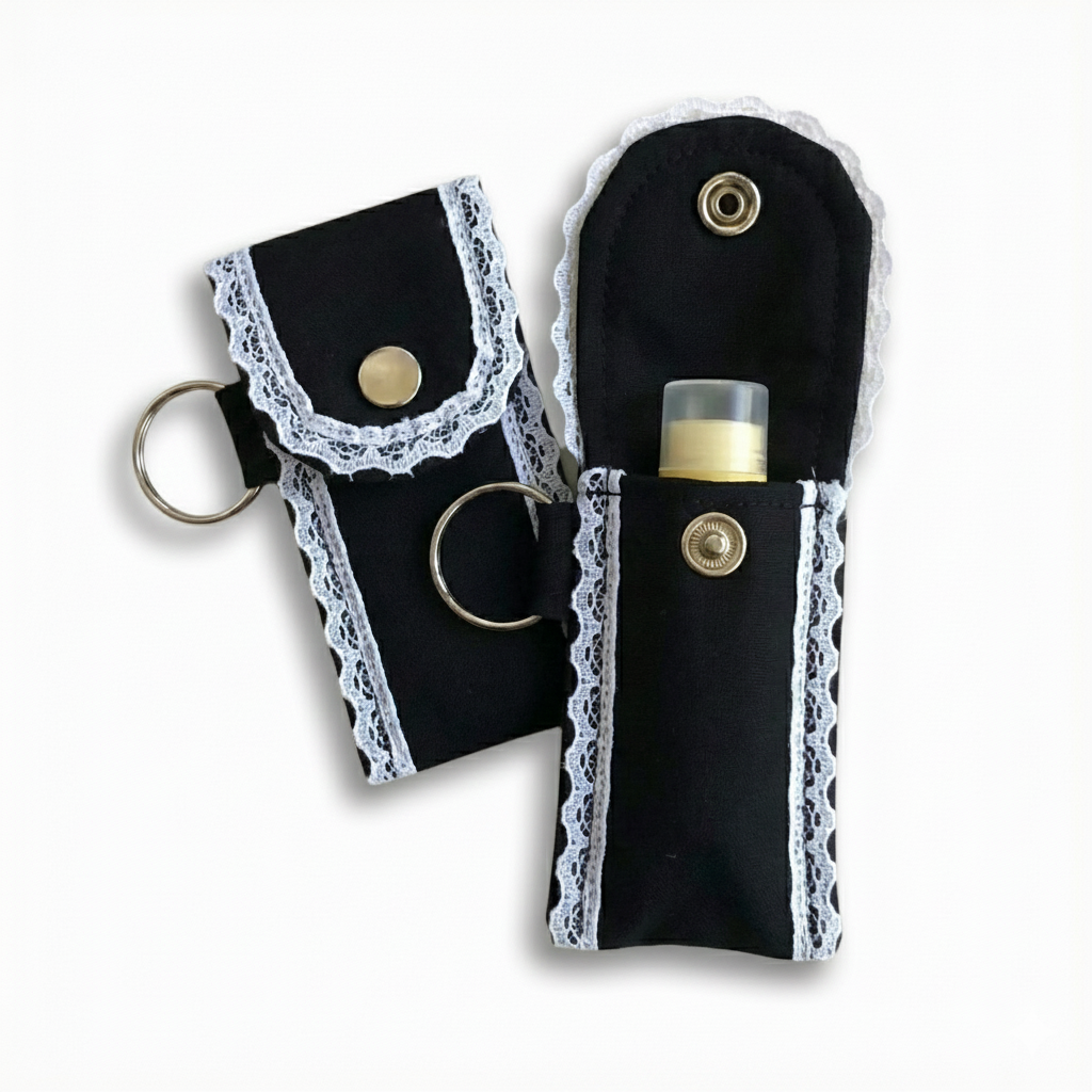 Black Cotton Lip Balm Holder Keychain – Handmade Lace Trim Chapstick Pouch, Travel Lipstick Case with Snap Closure
