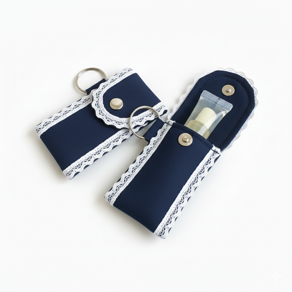 Navy Fabric Lip Balm Holder Keychain – Mini Lip Gloss Pouch with Snap Button Closure & White Lace Trim, Travel-Friendly Chapstick Case for Purse, Backpack or Keys