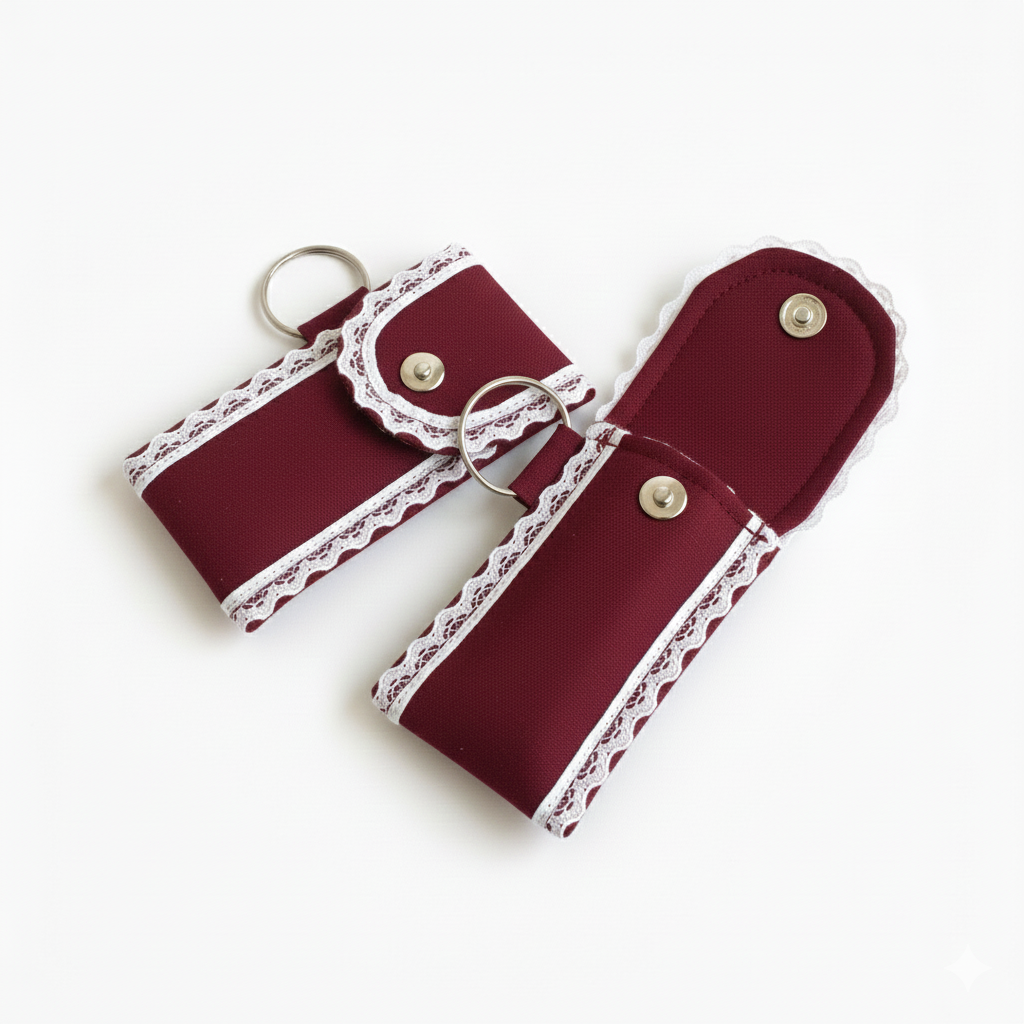 Burgundy Lip Balm Holder Keychain – Mini Lip Gloss Pouch with Snap Button, White Lace Trim & Metal Ring, Travel-Friendly Chapstick Case for Purse, Backpack or Keys