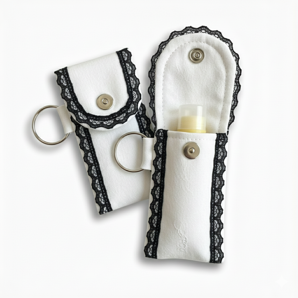 White Lip Balm Holder Keychain – Mini Lip Gloss & Perfume Stick Pouch with Black Lace Trim, Metal Snap Closure & Keyring for Purse, Backpack or Keys