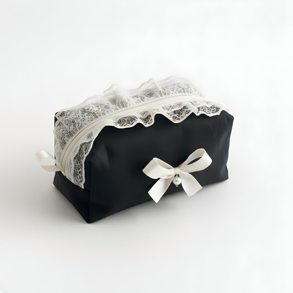 Elegant Black Lace Cosmetic Pouch with Pearl Bow Accent Organizer