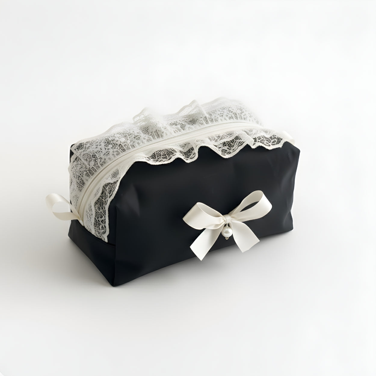 Elegant Black Lace Cosmetic Pouch with Pearl Bow Accent Organizer