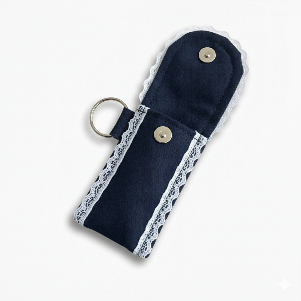 Navy Fabric Lip Balm Holder Keychain – Mini Lip Gloss Pouch with Snap Button Closure & White Lace Trim, Travel-Friendly Chapstick Case for Purse, Backpack or Keys