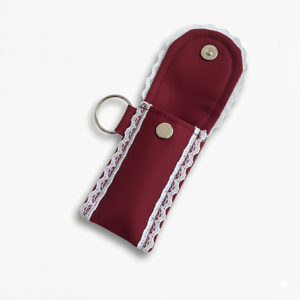 Burgundy Lip Balm Holder Keychain – Mini Lip Gloss Pouch with Snap Button, White Lace Trim & Metal Ring, Travel-Friendly Chapstick Case for Purse, Backpack or Keys