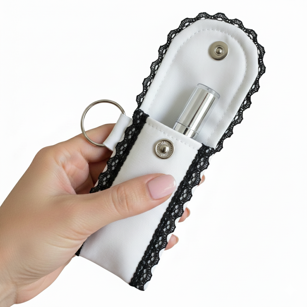White Lip Balm Holder Keychain – Mini Lip Gloss & Perfume Stick Pouch with Black Lace Trim, Metal Snap Closure & Keyring for Purse, Backpack or Keys