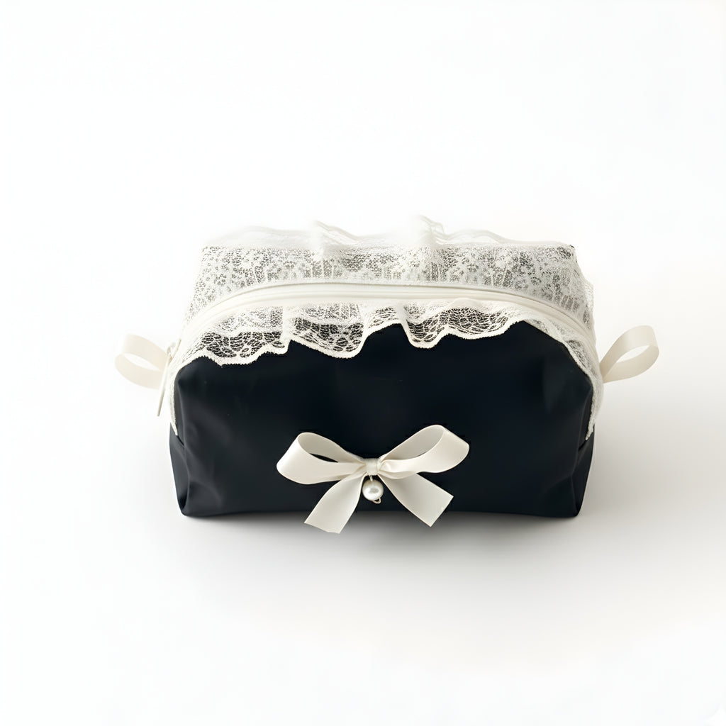 Elegant Black Lace Cosmetic Pouch with Pearl Bow Accent Organizer