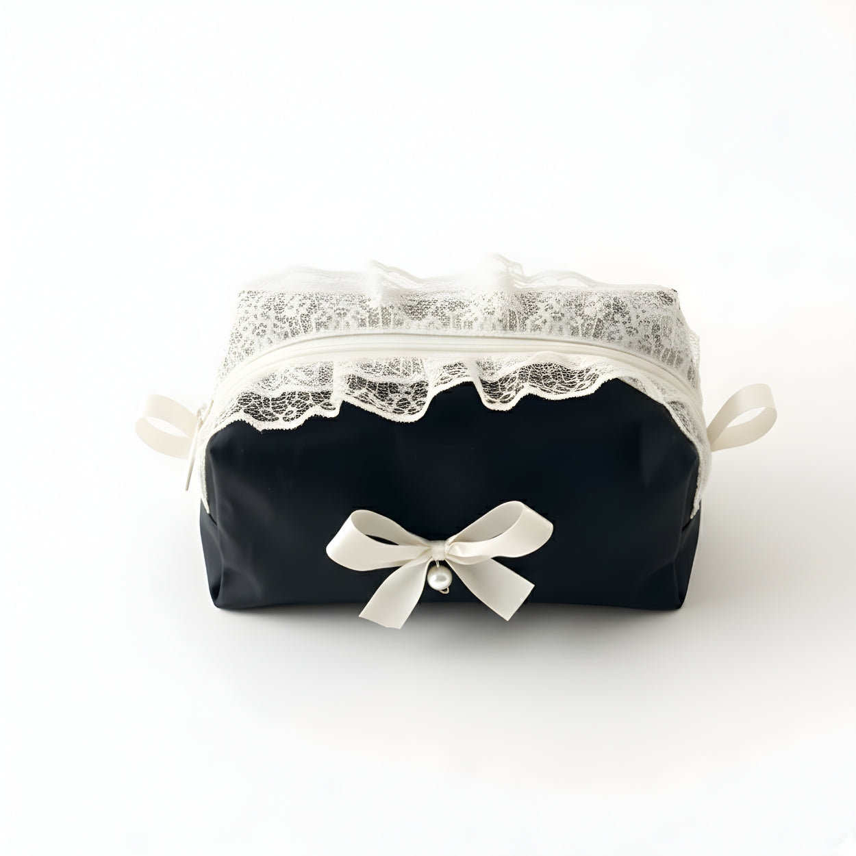 Elegant Black Lace Cosmetic Pouch with Pearl Bow Accent Organizer