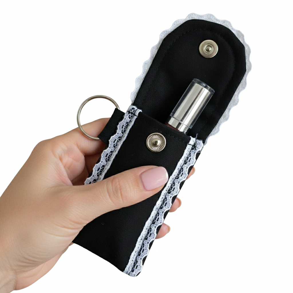 Black Cotton Lip Balm Holder Keychain – Handmade Lace Trim Chapstick Pouch, Travel Lipstick Case with Snap Closure