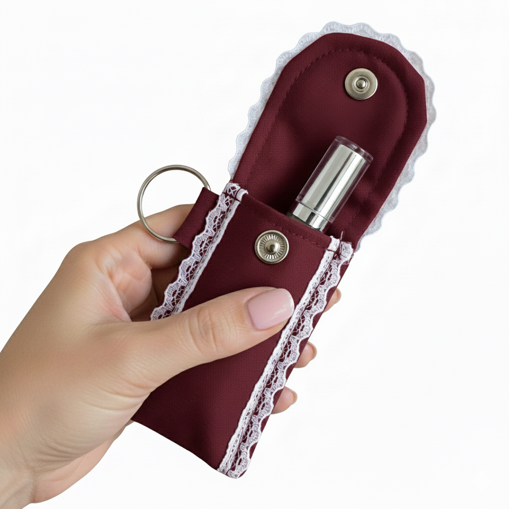 Burgundy Lip Balm Holder Keychain – Mini Lip Gloss Pouch with Snap Button, White Lace Trim & Metal Ring, Travel-Friendly Chapstick Case for Purse, Backpack or Keys