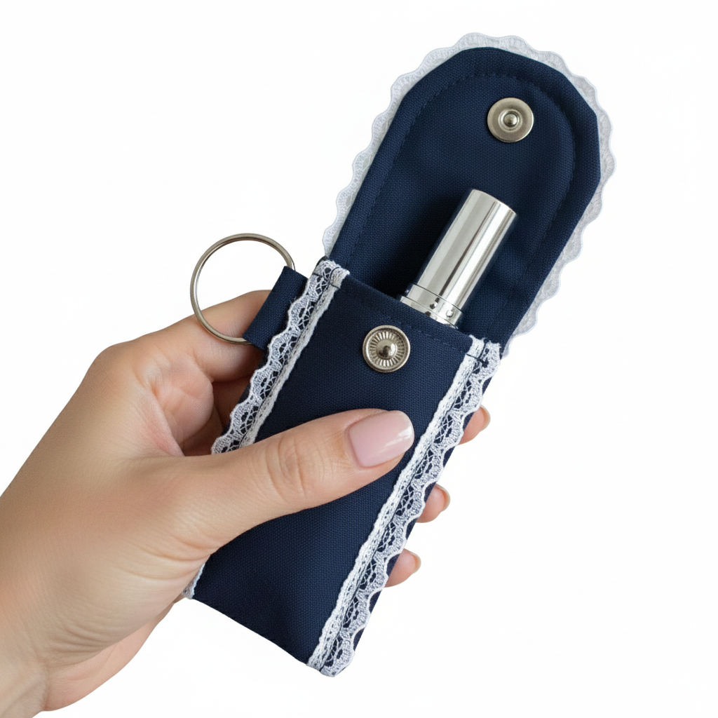 Navy Fabric Lip Balm Holder Keychain – Mini Lip Gloss Pouch with Snap Button Closure & White Lace Trim, Travel-Friendly Chapstick Case for Purse, Backpack or Keys