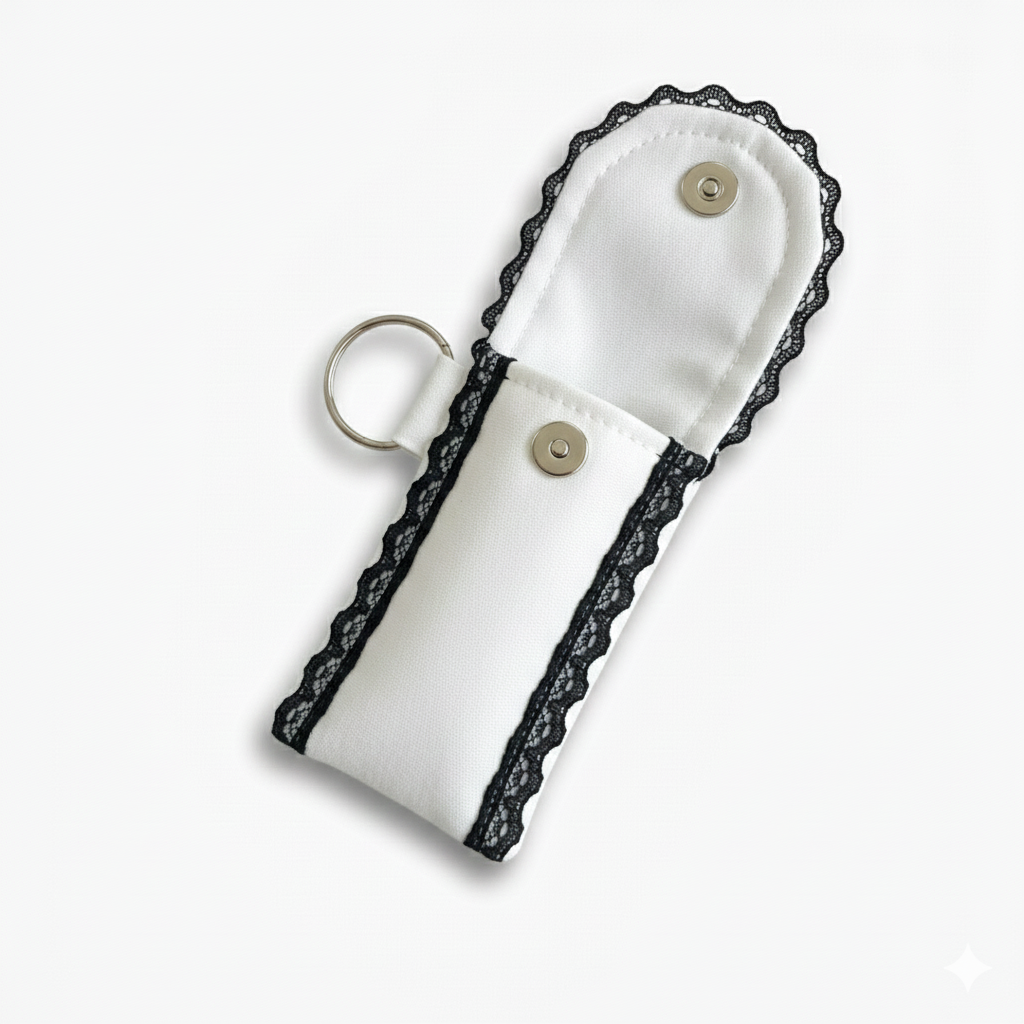 White Lip Balm Holder Keychain – Mini Lip Gloss & Perfume Stick Pouch with Black Lace Trim, Metal Snap Closure & Keyring for Purse, Backpack or Keys