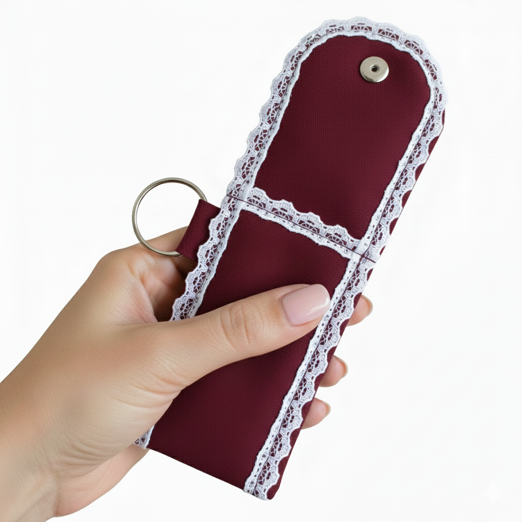 Burgundy Lip Balm Holder Keychain – Mini Lip Gloss Pouch with Snap Button, White Lace Trim & Metal Ring, Travel-Friendly Chapstick Case for Purse, Backpack or Keys