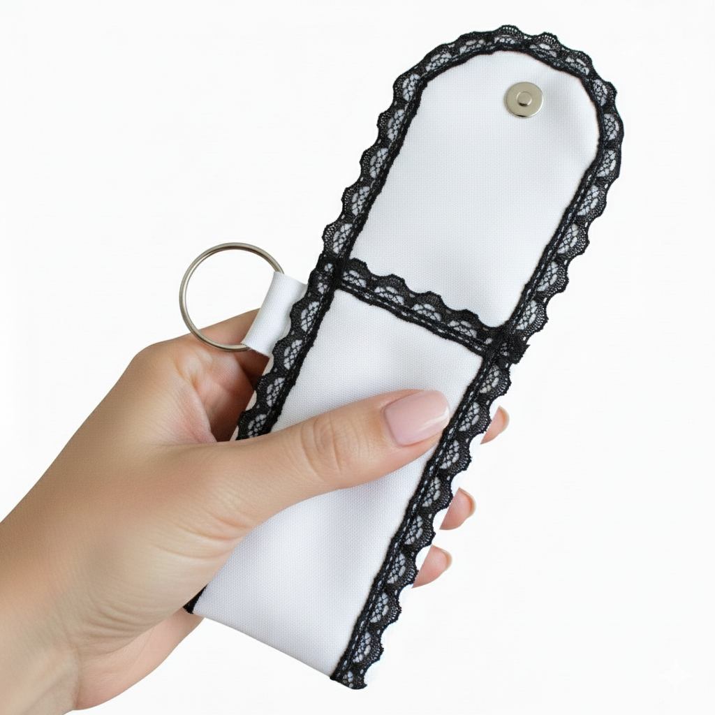 White Lip Balm Holder Keychain – Mini Lip Gloss & Perfume Stick Pouch with Black Lace Trim, Metal Snap Closure & Keyring for Purse, Backpack or Keys