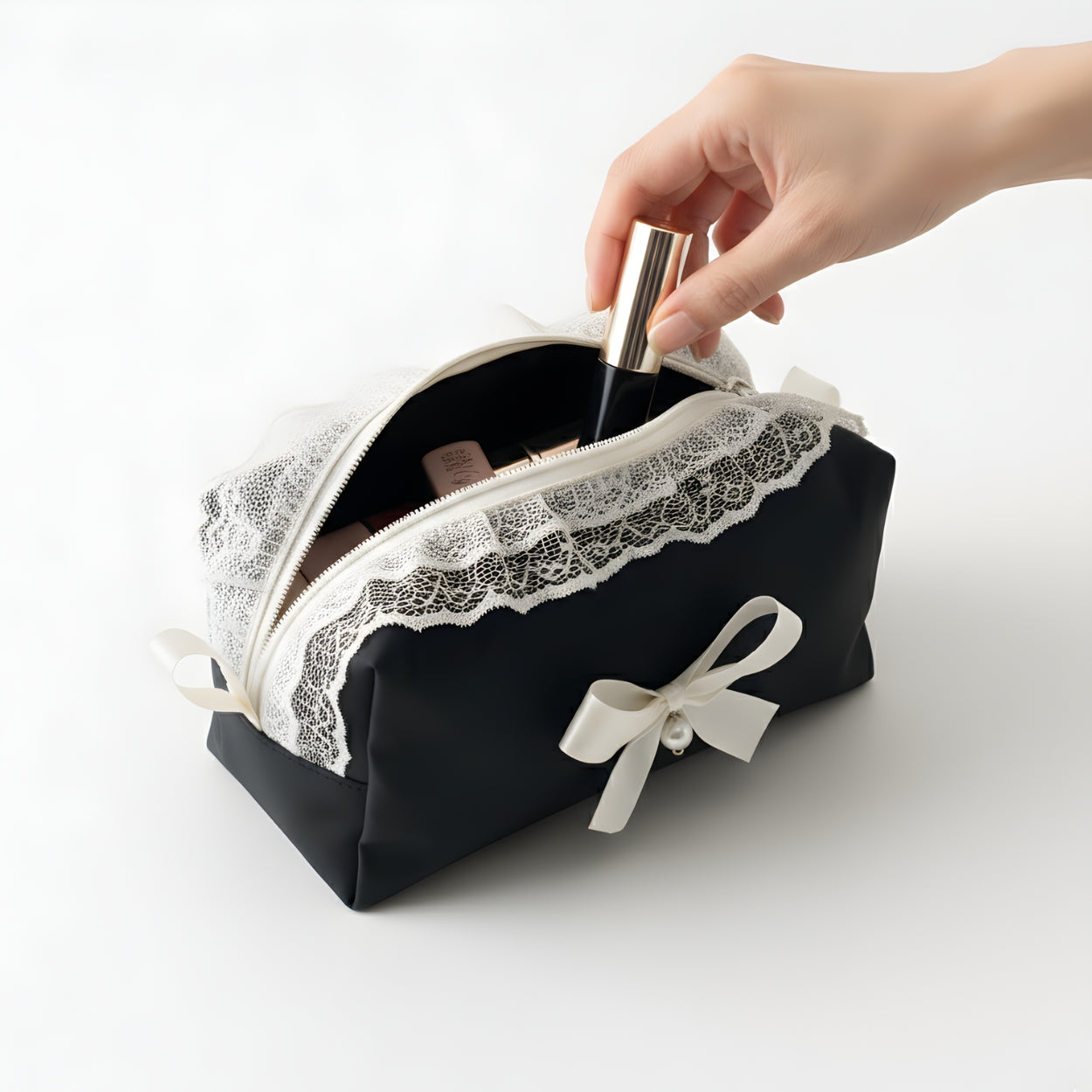 Elegant Black Lace Cosmetic Pouch with Pearl Bow Accent Organizer