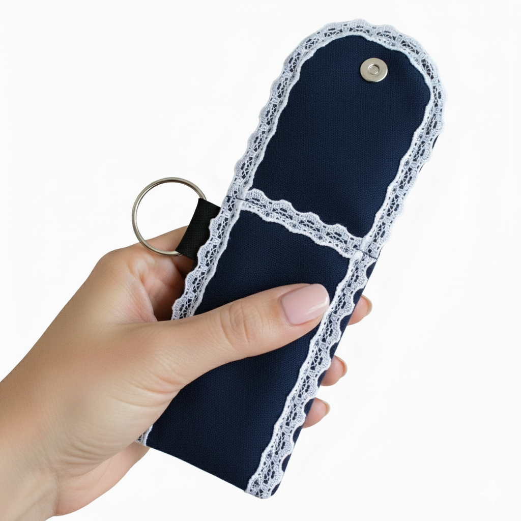 Navy Fabric Lip Balm Holder Keychain – Mini Lip Gloss Pouch with Snap Button Closure & White Lace Trim, Travel-Friendly Chapstick Case for Purse, Backpack or Keys