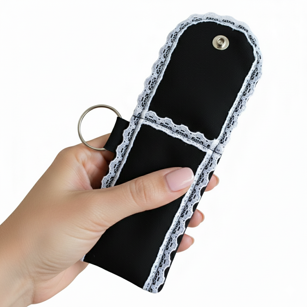 Black Cotton Lip Balm Holder Keychain – Handmade Lace Trim Chapstick Pouch, Travel Lipstick Case with Snap Closure