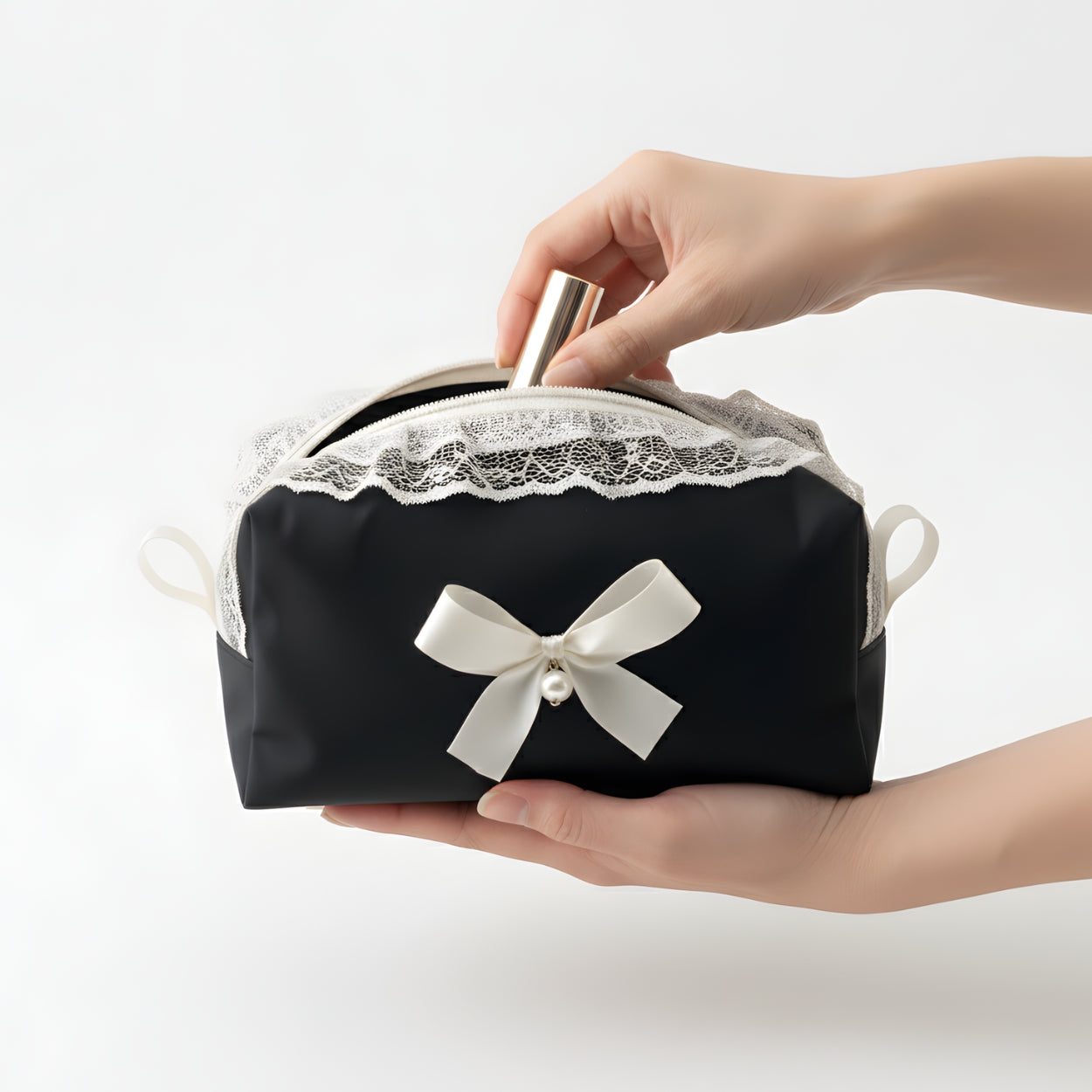 Elegant Black Lace Cosmetic Pouch with Pearl Bow Accent Organizer