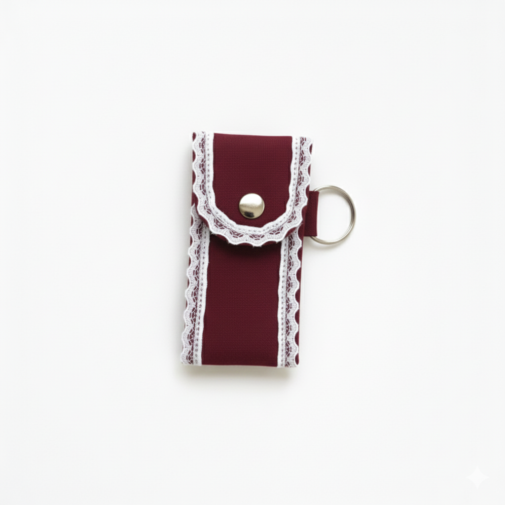 Burgundy Lip Balm Holder Keychain – Mini Lip Gloss Pouch with Snap Button, White Lace Trim & Metal Ring, Travel-Friendly Chapstick Case for Purse, Backpack or Keys