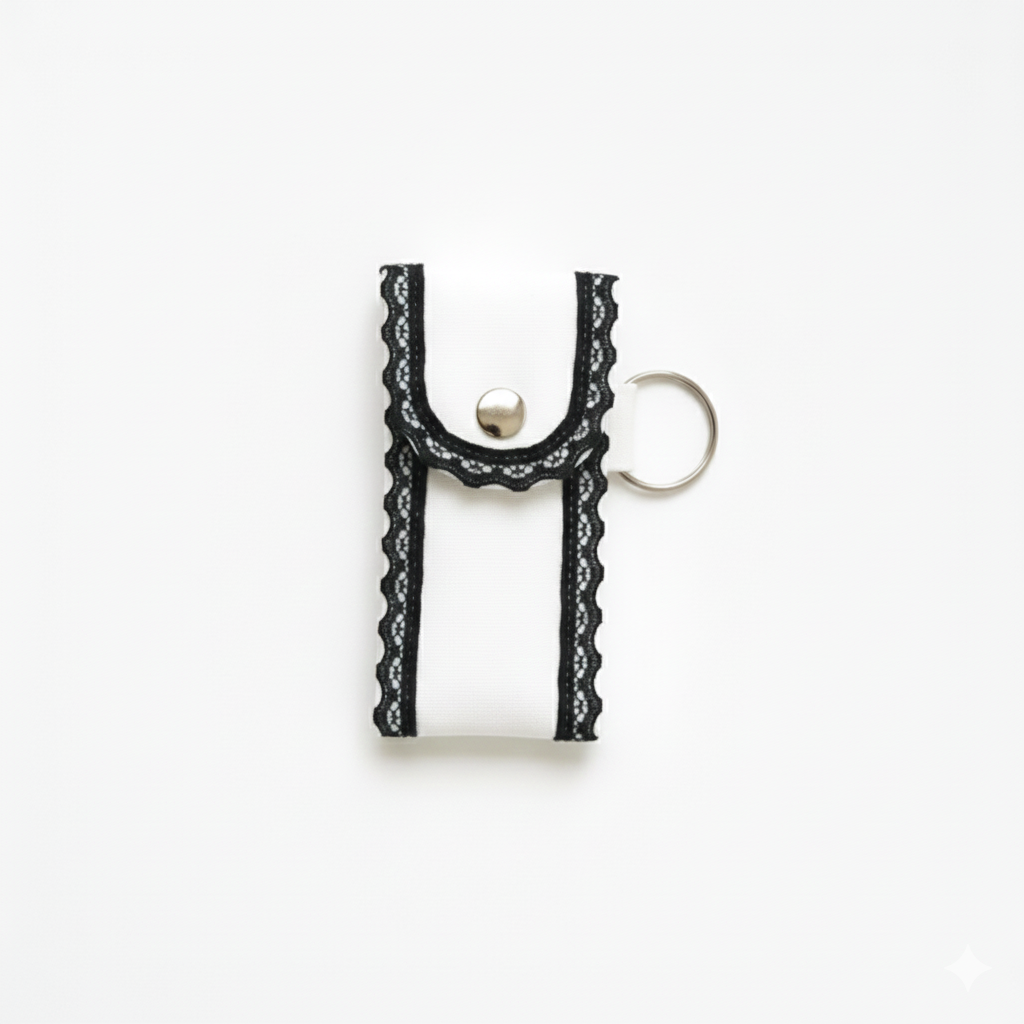 White Lip Balm Holder Keychain – Mini Lip Gloss & Perfume Stick Pouch with Black Lace Trim, Metal Snap Closure & Keyring for Purse, Backpack or Keys