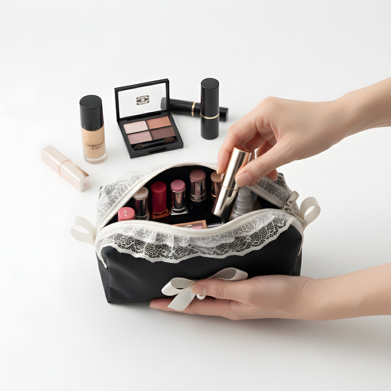 Elegant Black Lace Cosmetic Pouch with Pearl Bow Accent Organizer