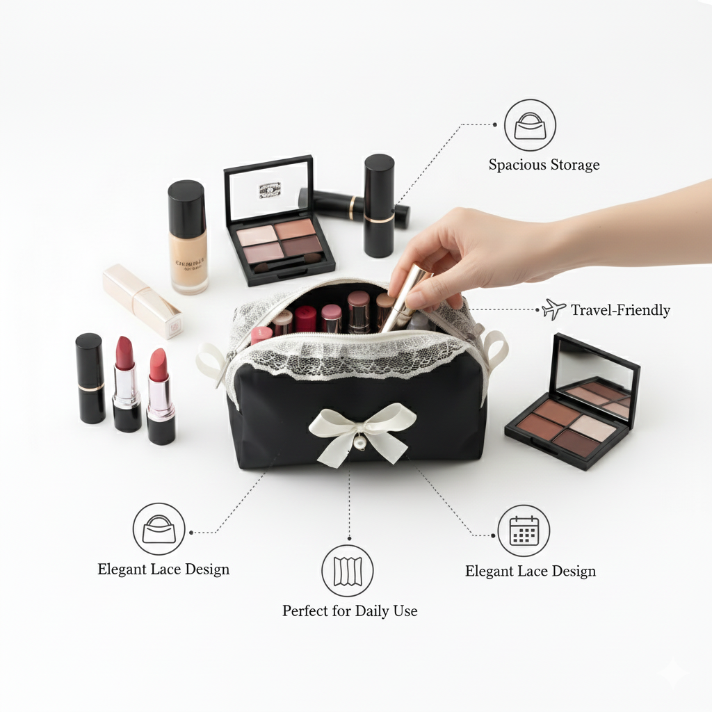 Elegant Black Lace Cosmetic Pouch with Pearl Bow Accent Organizer