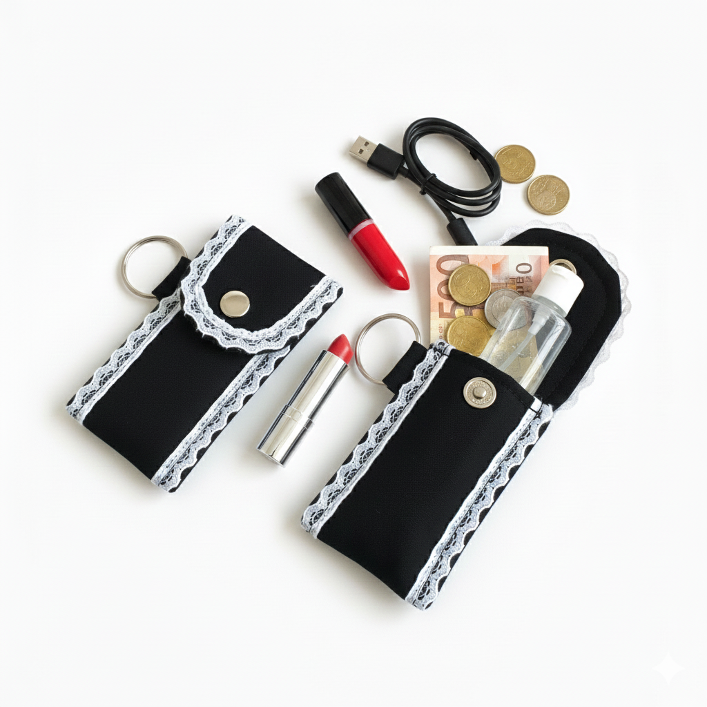 Black Cotton Lip Balm Holder Keychain – Handmade Lace Trim Chapstick Pouch, Travel Lipstick Case with Snap Closure