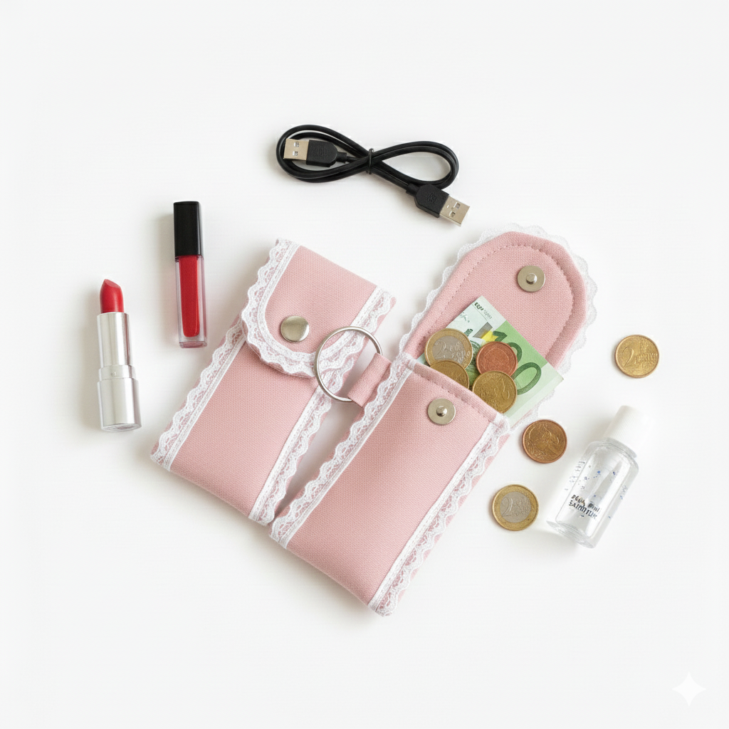 Pastel Pink Multipurpose Mini Essentials Organizer Pouch – Lipstick, Lip Gloss, Data Cable, Sanitizer & Money Holder with Keyring