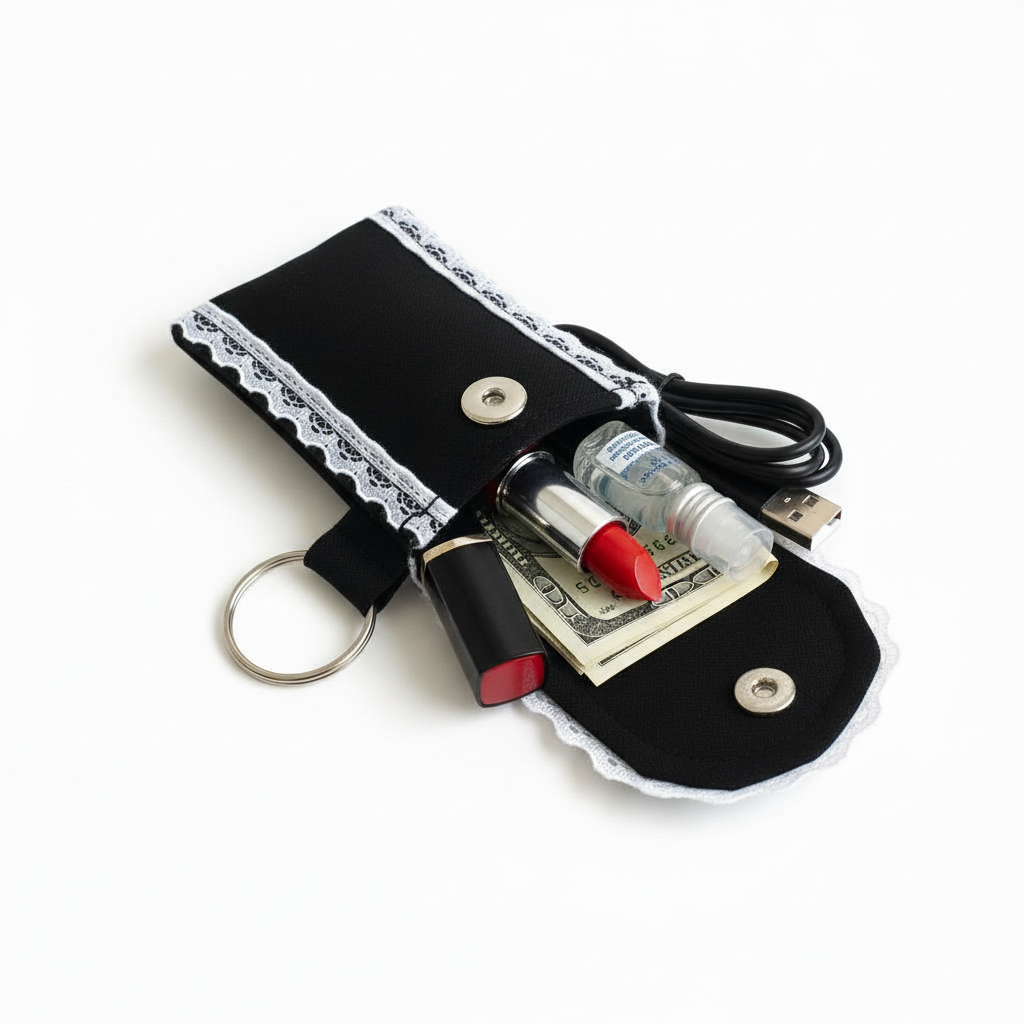 Black Cotton Lip Balm Holder Keychain – Handmade Lace Trim Chapstick Pouch, Travel Lipstick Case with Snap Closure