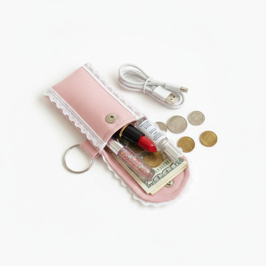 Pastel Pink Multipurpose Mini Essentials Organizer Pouch – Lipstick, Lip Gloss, Data Cable, Sanitizer & Money Holder with Keyring